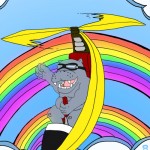 A hippo, in a banana, flying over the rainbow.